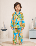 Kids World Map Print Cotton Night Suit Set | Full Sleeve Button-Down Shirt & Pajama Sleepwear for Boys & Girls