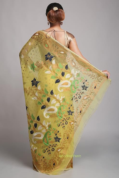 WoodenTant women?s Soft cotton silk dhakai jamdani saree without blouse piece Yellow