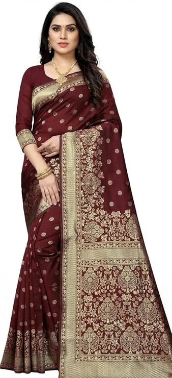 Women's Pure Soft Silk Saree With Blouse Piece For Wedding Maroon Color