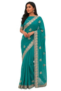 Women’s Embroidered Shimmer Saree with Blouse Piece, Elegant Designer Ethnic Saree for Wedding, Festive & Evening Occasion Wear