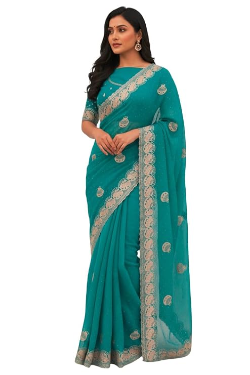 Women’s Embroidered Shimmer Saree with Blouse Piece, Elegant Designer Ethnic Saree for Wedding, Festive & Evening Occasion Wear