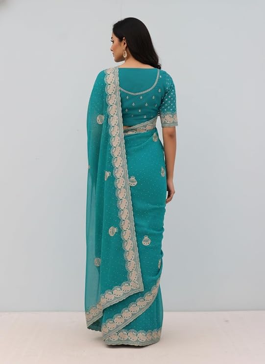 Women’s Embroidered Shimmer Saree with Blouse Piece, Elegant Designer Ethnic Saree for Wedding, Festive & Evening Occasion Wear