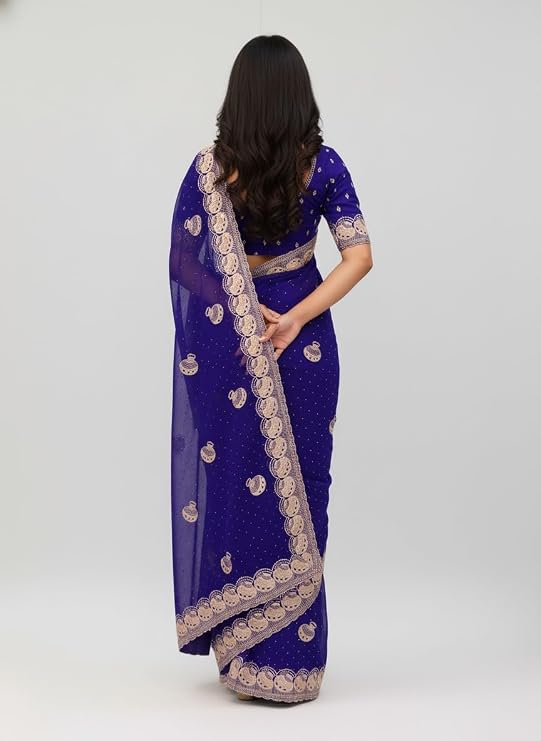 Women’s Embroidered Shimmer Saree with Blouse Piece, Elegant Designer Ethnic Saree for Wedding, Festive & Evening Occasion Wear BLUE
