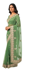 Women’s Embroidered Shimmer Saree with Blouse Piece, Elegant Designer Ethnic Saree for Wedding, Festive & Evening Occasion Wear green