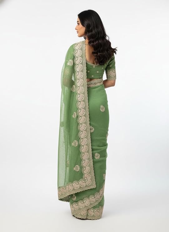 Women’s Embroidered Shimmer Saree with Blouse Piece, Elegant Designer Ethnic Saree for Wedding, Festive & Evening Occasion Wear green