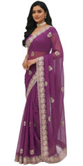 Women’s Embroidered Shimmer Saree with Blouse Piece, Elegant Designer Ethnic Saree for Wedding, Festive & Evening Occasion Wear green PURPLE