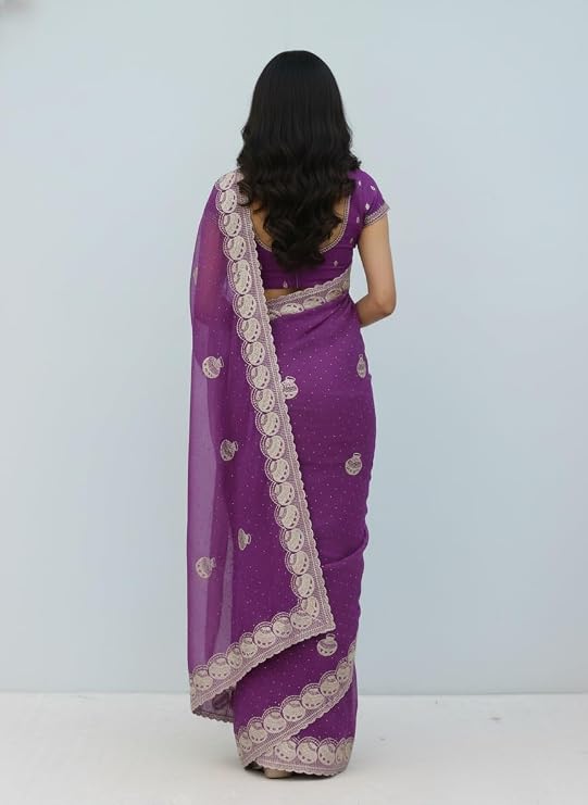 Women’s Embroidered Shimmer Saree with Blouse Piece, Elegant Designer Ethnic Saree for Wedding, Festive & Evening Occasion Wear green PURPLE
