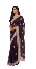 Women’s Embroidered Shimmer Saree with Blouse Piece, Elegant Designer Ethnic Saree for Wedding, Festive & Evening Occasion Wear wine