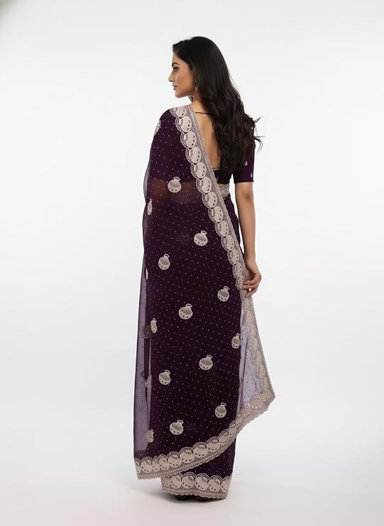 Women’s Embroidered Shimmer Saree with Blouse Piece, Elegant Designer Ethnic Saree for Wedding, Festive & Evening Occasion Wear wine