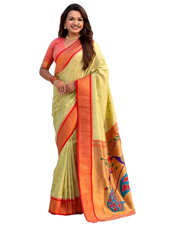 Paithani Silk Saree with Zari Woven Motifs Meenakari Peacock Paithani Pallu Red Gadwal Zari Border Contrast Brocade Blouse Traditional Wedding Sari
