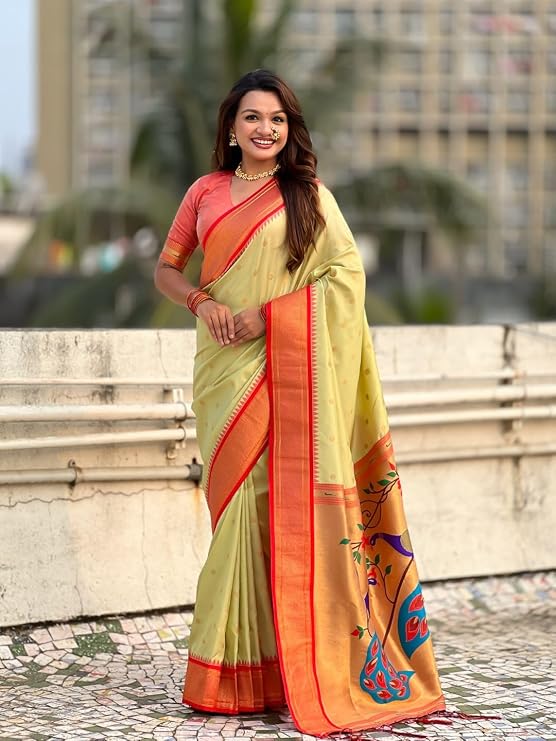 Paithani Silk Saree with Zari Woven Motifs Meenakari Peacock Paithani Pallu Red Gadwal Zari Border Contrast Brocade Blouse Traditional Wedding Sari