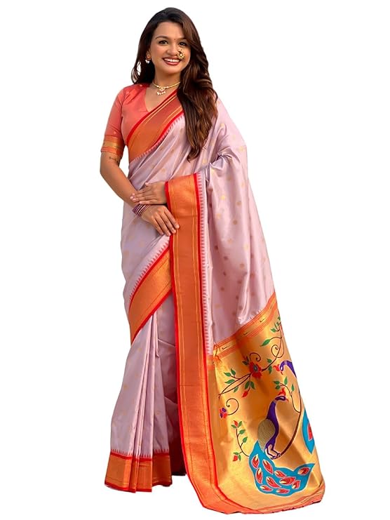 Paithani Silk Saree with Zari Woven Motifs Meenakari Peacock Paithani Pallu Red Gadwal Zari Border Contrast Brocade Blouse Traditional Wedding Sari LAVENDER