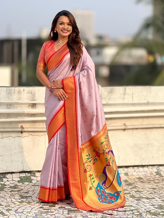 Paithani Silk Saree with Zari Woven Motifs Meenakari Peacock Paithani Pallu Red Gadwal Zari Border Contrast Brocade Blouse Traditional Wedding Sari LAVENDER