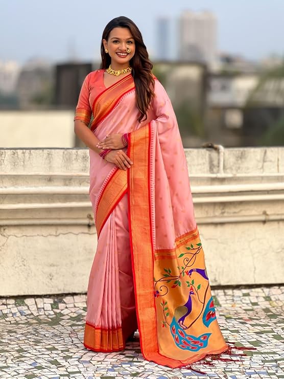 Paithani Silk Saree with Zari Woven Motifs Meenakari Peacock Paithani Pallu Red Gadwal Zari Border Contrast Brocade Blouse Traditional Wedding Sari PINK