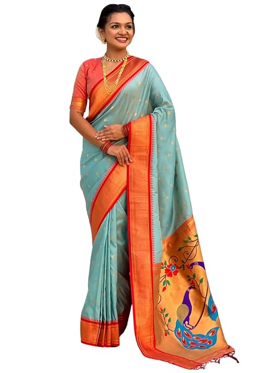 Paithani Silk Saree with Zari Woven Motifs Meenakari Peacock Paithani Pallu Red Gadwal Zari Border Contrast Brocade Blouse Traditional Wedding Sari SKY