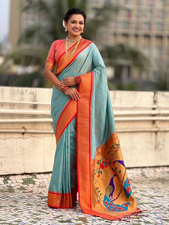 Paithani Silk Saree with Zari Woven Motifs Meenakari Peacock Paithani Pallu Red Gadwal Zari Border Contrast Brocade Blouse Traditional Wedding Sari SKY