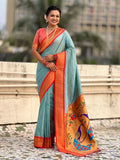 Paithani Silk Saree with Zari Woven Motifs Meenakari Peacock Paithani Pallu Red Gadwal Zari Border Contrast Brocade Blouse Traditional Wedding Sari SKY