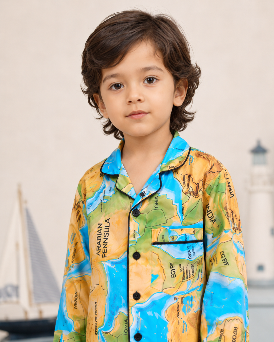 Kids World Map Print Cotton Night Suit Set | Full Sleeve Button-Down Shirt & Pajama Sleepwear for Boys & Girls