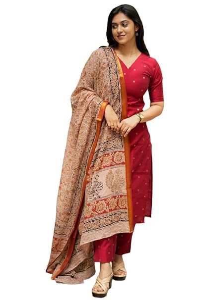 Women Viscose Printed | Kurti Set Woman | Kurta Pant Dupatta 3 Piece Outfit | V-Neck Elbow Length Sleeve Straight Fit Ethnic Wear Ladies Dress Stylish Traditional Clothing