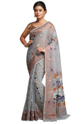 WoodenTant women?s Soft cotton silk dhakai jamdani saree without blouse piece Light Grey