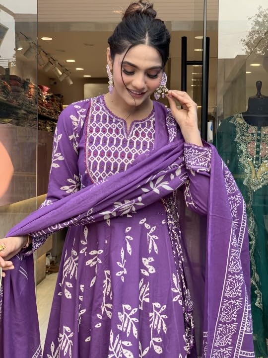 Women Viscose Printed Anarkali Kurta Pant Dupatta Set