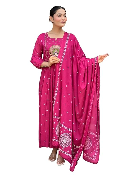 Women Rayon Printed Anarkali Kurta Set with Dupatta