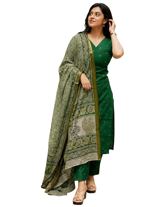 Women Viscose Printed | Kurti Set Woman | Kurta Pant Dupatta 3 Piece Outfit | V-Neck Elbow Length Sleeve Straight Fit Ethnic Wear Ladies Dress Stylish Traditional Clothing