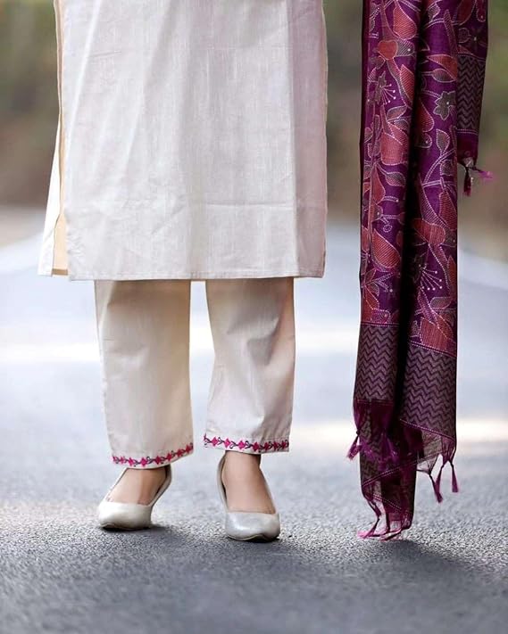 Women's Cotton Floral Printed Straight Kurti with Pant and Dupatta Set