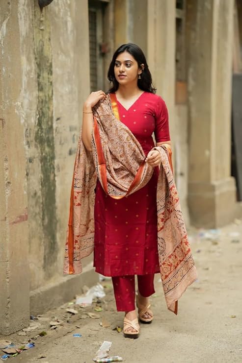 Women Viscose Printed | Kurti Set Woman | Kurta Pant Dupatta 3 Piece Outfit | V-Neck Elbow Length Sleeve Straight Fit Ethnic Wear Ladies Dress Stylish Traditional Clothing