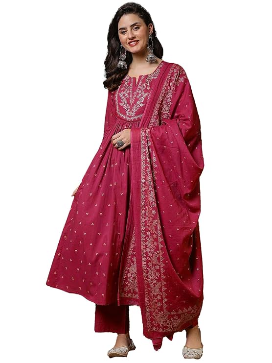 Women’s 100% Pure Cotton Anarkali Kurta Set with Pant & Dupatta | Embroidered Flared Kurta | Elegant Ethnic Suit