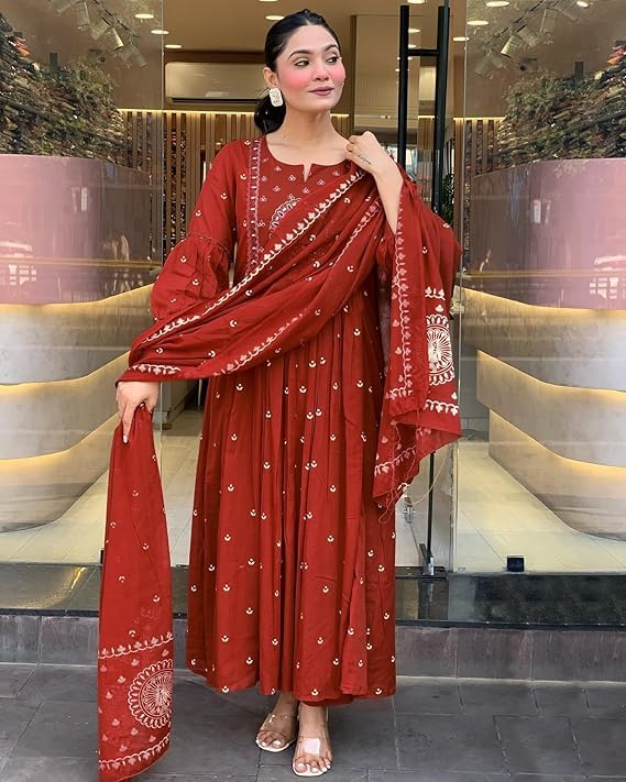 Women Rayon Printed Anarkali Kurta Set with Dupatta