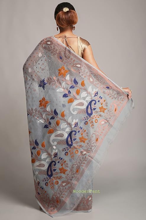 WoodenTant women?s Soft cotton silk dhakai jamdani saree without blouse piece Light Grey
