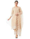 Women Embroidered Cotton Kurta Pant Set with Organza Dupatta