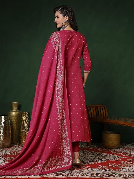 Women’s 100% Pure Cotton Anarkali Kurta Set with Pant & Dupatta | Embroidered Flared Kurta | Elegant Ethnic Suit