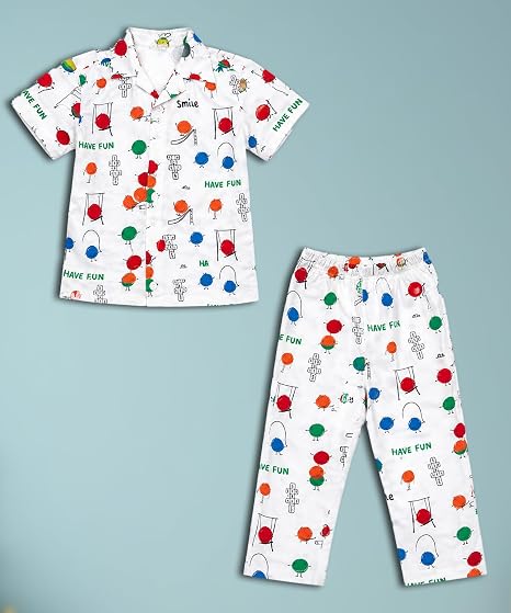 Unisex Pure Cotton Short Sleeve Kids Night Dress for Boys & Girls Nightwear/Sleepsuit/Sleepwear/Loungewear Night Suit for Boys and Girls Top and Pyjama Combo Set