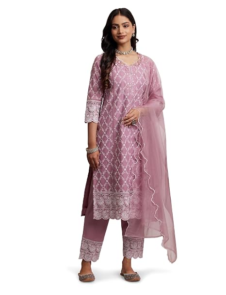 Women Embroidered Cotton Kurta Pant Set with Organza Dupatta