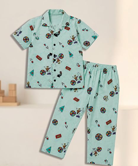 Unisex Pure Cotton Short Sleeve Kids Night Dress for Boys & Girls Nightwear/Sleepsuit/Sleepwear/Loungewear Night Suit for Boys and Girls Top and Pyjama Combo Set