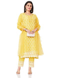 Women Embroidered Cotton Kurta Pant Set with Organza Dupatta