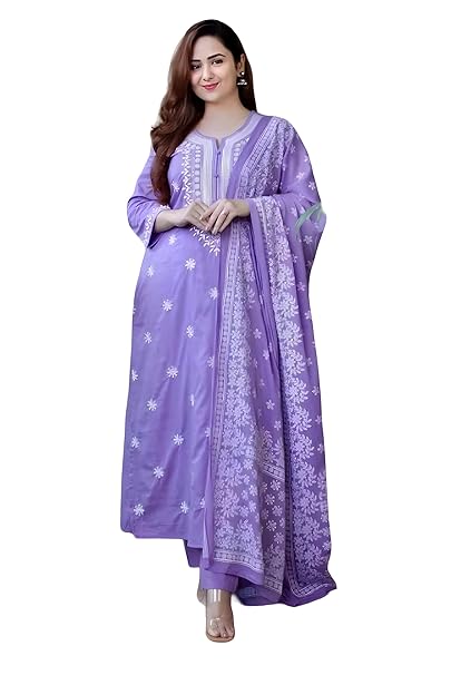 Women's Cotton Embroidered Chikankari Work Straight Kurta Dupatta Pant Set