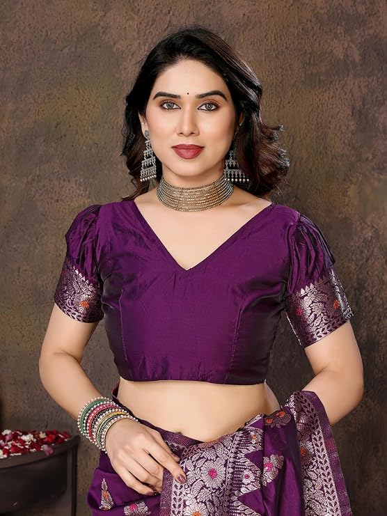 Women's Banarasi Kanjivaram Cotton Silk Saree With Unstitched Blouse Material