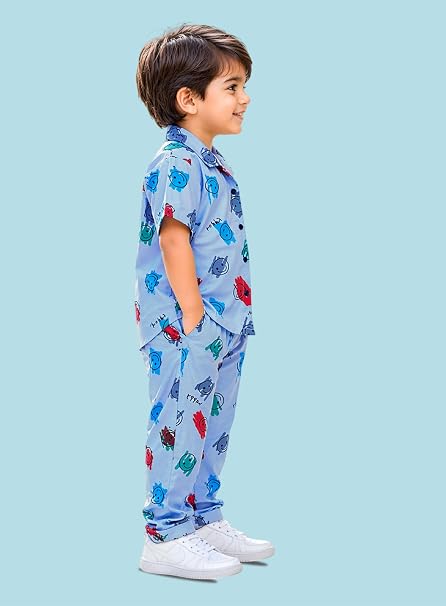 Unisex Pure Cotton Short Sleeve Kids Night Dress for Boys & Girls Nightwear/Sleepsuit/Sleepwear/Loungewear Night Suit for Boys and Girls Top and Pyjama Combo Set