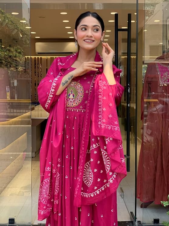 Women Rayon Printed Anarkali Kurta Set with Dupatta