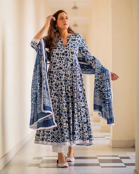 Women's Cotton Printed Anarkali Kurta with Palazzo & Dupatta Set
