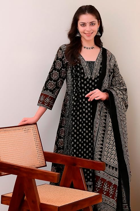 Women's Rayon Printed Anarkali Kurta and Pant with Dupatta Set