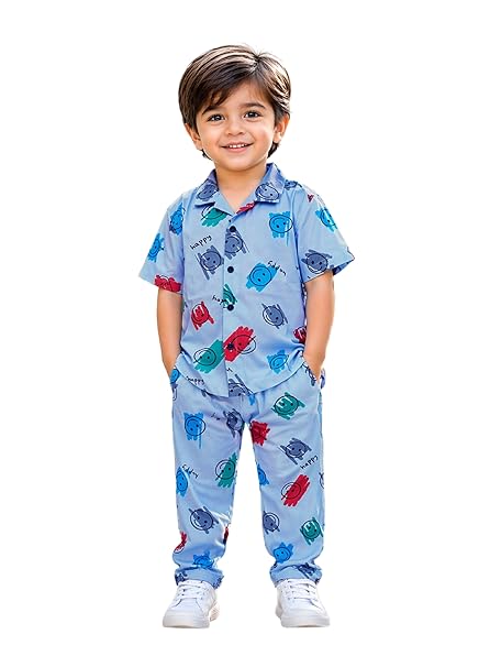 Unisex Pure Cotton Short Sleeve Kids Night Dress for Boys & Girls Nightwear/Sleepsuit/Sleepwear/Loungewear Night Suit for Boys and Girls Top and Pyjama Combo Set