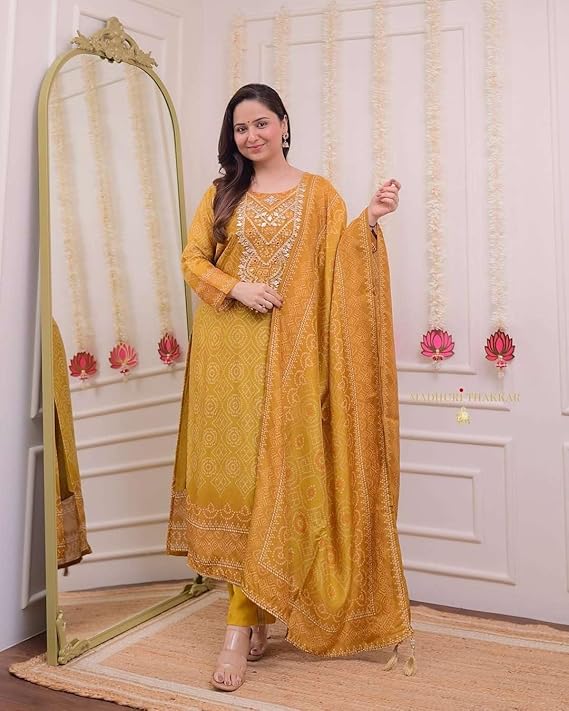 Women's Silk Embroidered Straight Kurti with Pant and Dupatta Set