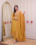 Women's Silk Embroidered Straight Kurti with Pant and Dupatta Set