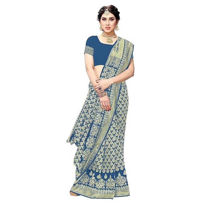 Women's Trendy Banarasi Kanjivaram Navy Color Art Silk Saree with Blouse Material