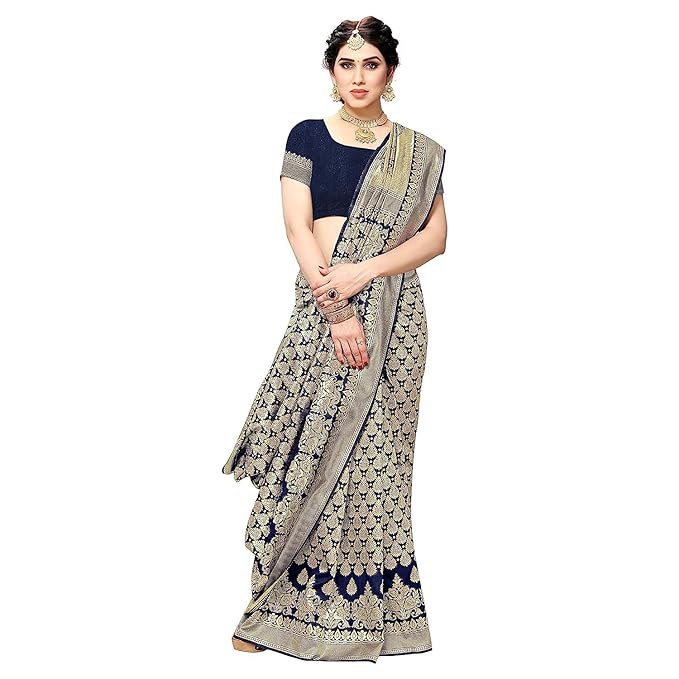 Women's Trendy Banarasi Kanjivaram Navy Color Art Silk Saree with Blouse Material