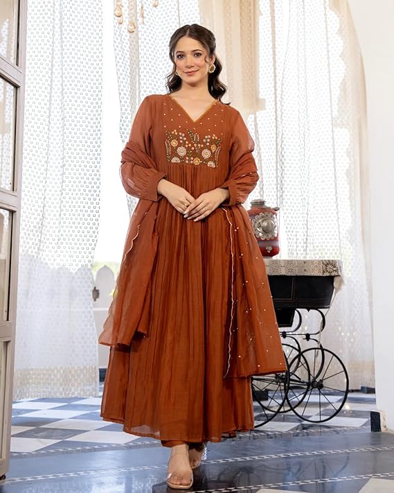 Women Embroidery Solid Anarkali Kurta and Pant Set with Dupatta
